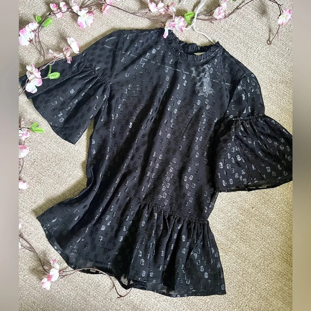 H&M NWT Sheer Black Dotted Sparkle Peplum Blouse - Size 2